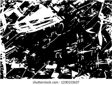 Distressed background in black and white texture with dots, spots, scratches and lines. Abstract vector illustration