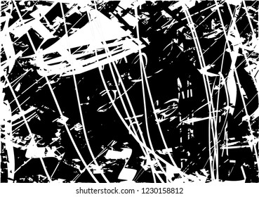 Distressed background in black and white texture with dots, spots, scratches and lines. Abstract vector illustration