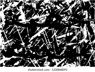 Distressed background in black and white texture with dots, spots, scratches and lines. Abstract vector illustration