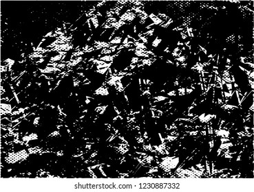 Distressed background in black and white texture with dots, spots, scratches and lines. Abstract vector illustration