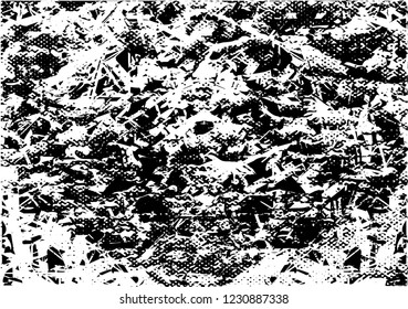 Distressed background in black and white texture with dots, spots, scratches and lines. Abstract vector illustration