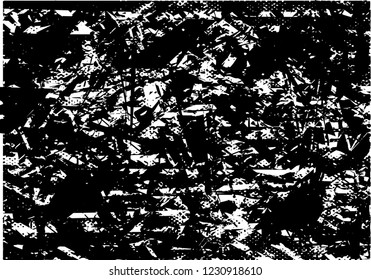 Distressed background in black and white texture with dots, spots, scratches and lines. Abstract vector illustration