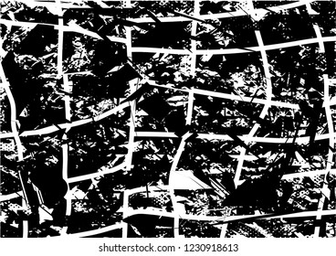Distressed background in black and white texture with dots, spots, scratches and lines. Abstract vector illustration