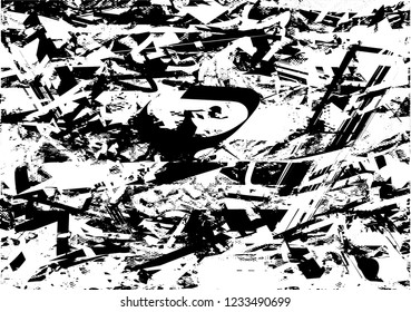 Distressed background in black and white texture with dots, spots, scratches and lines. Abstract vector illustration