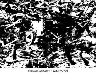 Distressed background in black and white texture with dots, spots, scratches and lines. Abstract vector illustration