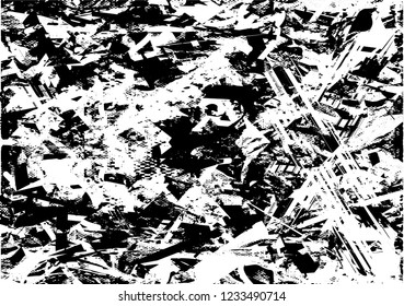 Distressed background in black and white texture with dots, spots, scratches and lines. Abstract vector illustration