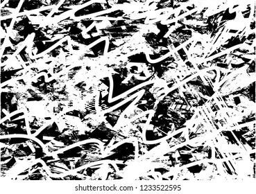 Distressed background in black and white texture with dots, spots, scratches and lines. Abstract vector illustration