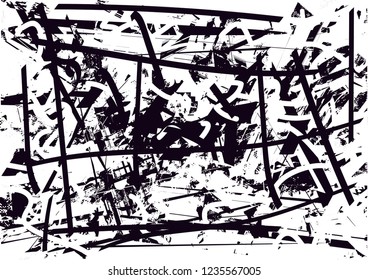 Distressed background in black and white texture with dots, spots, scratches and lines. Abstract vector illustration