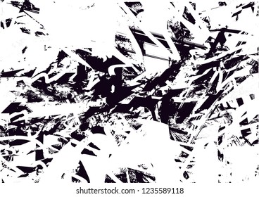 Distressed background in black and white texture with dots, spots, scratches and lines. Abstract vector illustration