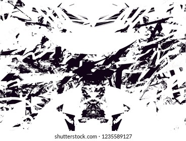 Distressed background in black and white texture with dots, spots, scratches and lines. Abstract vector illustration