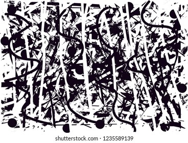Distressed background in black and white texture with dots, spots, scratches and lines. Abstract vector illustration
