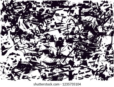 Distressed background in black and white texture with dots, spots, scratches and lines. Abstract vector illustration