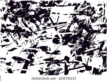Distressed background in black and white texture with dots, spots, scratches and lines. Abstract vector illustration
