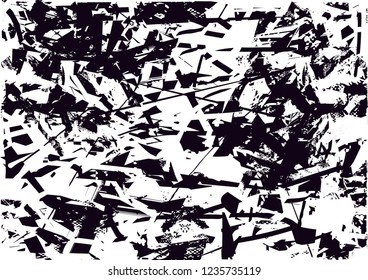 Distressed background in black and white texture with dots, spots, scratches and lines. Abstract vector illustration