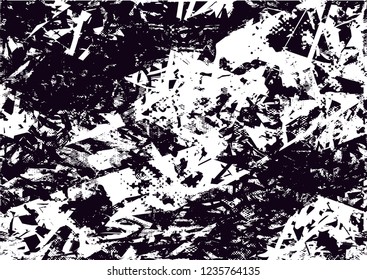 Distressed background in black and white texture with dots, spots, scratches and lines. Abstract vector illustration