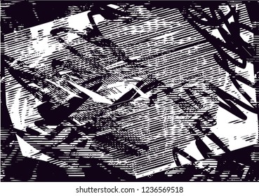 Distressed background in black and white texture with dots, spots, scratches and lines. Abstract vector illustration