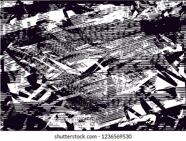 Distressed background in black and white texture with dots, spots, scratches and lines. Abstract vector illustration