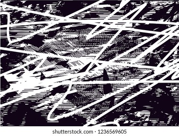 Distressed background in black and white texture with dots, spots, scratches and lines. Abstract vector illustration