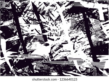 Distressed background in black and white texture with dots, spots, scratches and lines. Abstract vector illustration