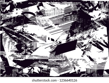 Distressed background in black and white texture with dots, spots, scratches and lines. Abstract vector illustration