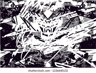 Distressed background in black and white texture with dots, spots, scratches and lines. Abstract vector illustration