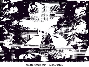 Distressed background in black and white texture with dots, spots, scratches and lines. Abstract vector illustration