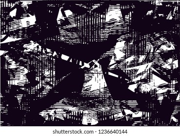 Distressed background in black and white texture with dots, spots, scratches and lines. Abstract vector illustration