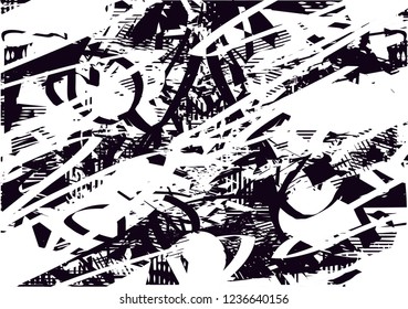 Distressed background in black and white texture with dots, spots, scratches and lines. Abstract vector illustration