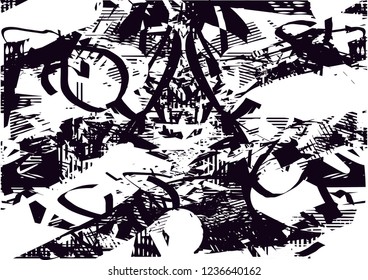 Distressed background in black and white texture with dots, spots, scratches and lines. Abstract vector illustration