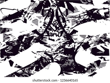 Distressed background in black and white texture with dots, spots, scratches and lines. Abstract vector illustration