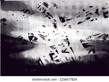 Distressed background in black and white texture from photo of misty lake with dots, spots, scratches and lines. Abstract  illustration