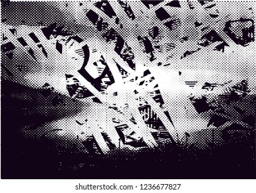 Distressed background in black and white texture from photo of misty lake with dots, spots, scratches and lines. Abstract  illustration