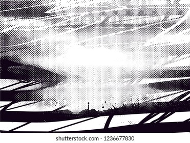 Distressed background in black and white texture from photo of misty lake with dots, spots, scratches and lines. Abstract  illustration