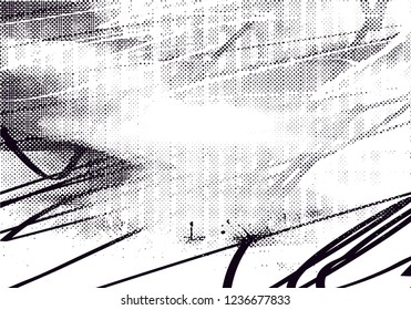 Distressed background in black and white texture from photo of misty lake with dots, spots, scratches and lines. Abstract  illustration