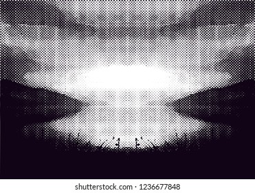 Distressed background in black and white texture from photo of misty lake with dots, spots, scratches and lines. Abstract  illustration