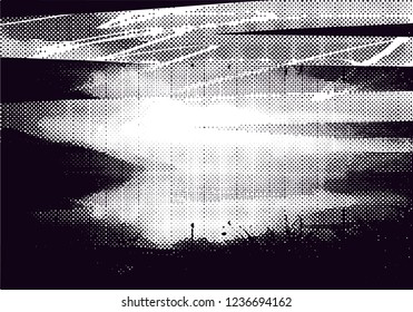 Distressed background in black and white texture from photo of misty lake with dots, spots, scratches and lines. Abstract  vector illustration