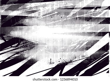 Distressed background in black and white texture from photo of misty lake with dots, spots, scratches and lines. Abstract  vector illustration