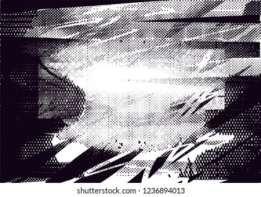 Distressed background in black and white texture from photo of misty lake with dots, spots, scratches and lines. Abstract  vector illustration