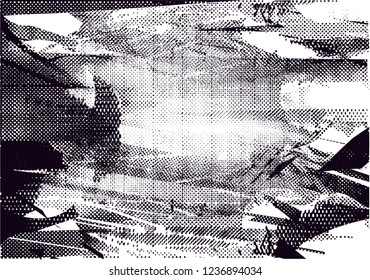 Distressed background in black and white texture from photo of misty lake with dots, spots, scratches and lines. Abstract  vector illustration