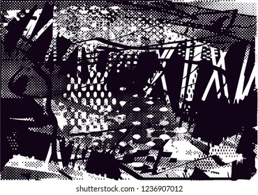 Distressed background in black and white texture with dots, spots, scratches and lines. Abstract vector illustration