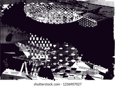 Distressed background in black and white texture with dots, spots, scratches and lines. Abstract vector illustration