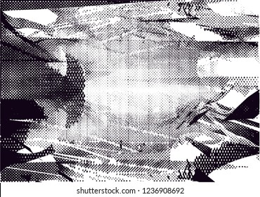 Arrière-plan dévêtu en texture noire et blanche, photo du lac brumeux avec des points, des taches, des rayures et des lignes. Illustration vectorielle abstraite