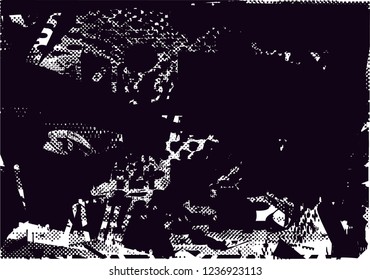 Distressed background in black and white texture from leaves, with dots, spots, scratches and lines. Abstract vector illustration