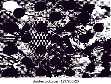 Distressed background in black and white texture with dots, spots, scratches and lines. Abstract vector illustration