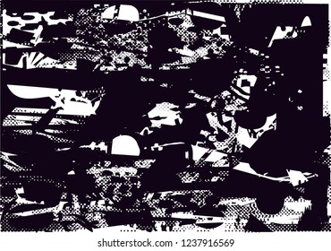 Distressed background in black and white texture with dots, spots, scratches and lines. Abstract vector illustration
