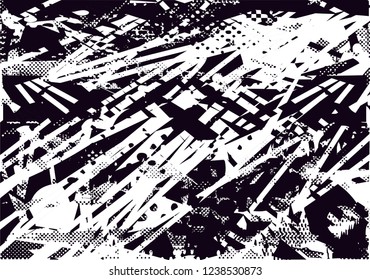 Distressed background in black and white texture with dots, spots, scratches and lines. Abstract vector illustration