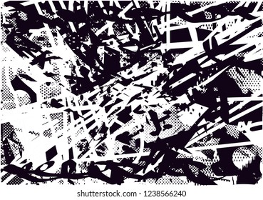 Distressed background in black and white texture with  dark spots, scratches and lines. Abstract vector illustration