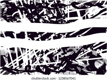 Distressed background in black and white texture with  dark spots, scratches and two fat white lines in the middle. Abstract vector illustration