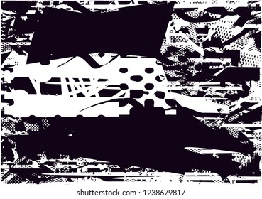 Distressed background in black and white texture with  dark spots, scratches and lines. Abstract vector illustration