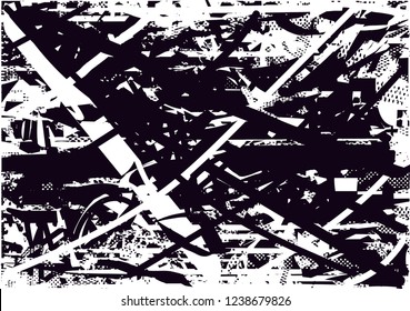 Distressed background in black and white texture with  dark spots, scratches and lines. Abstract vector illustration